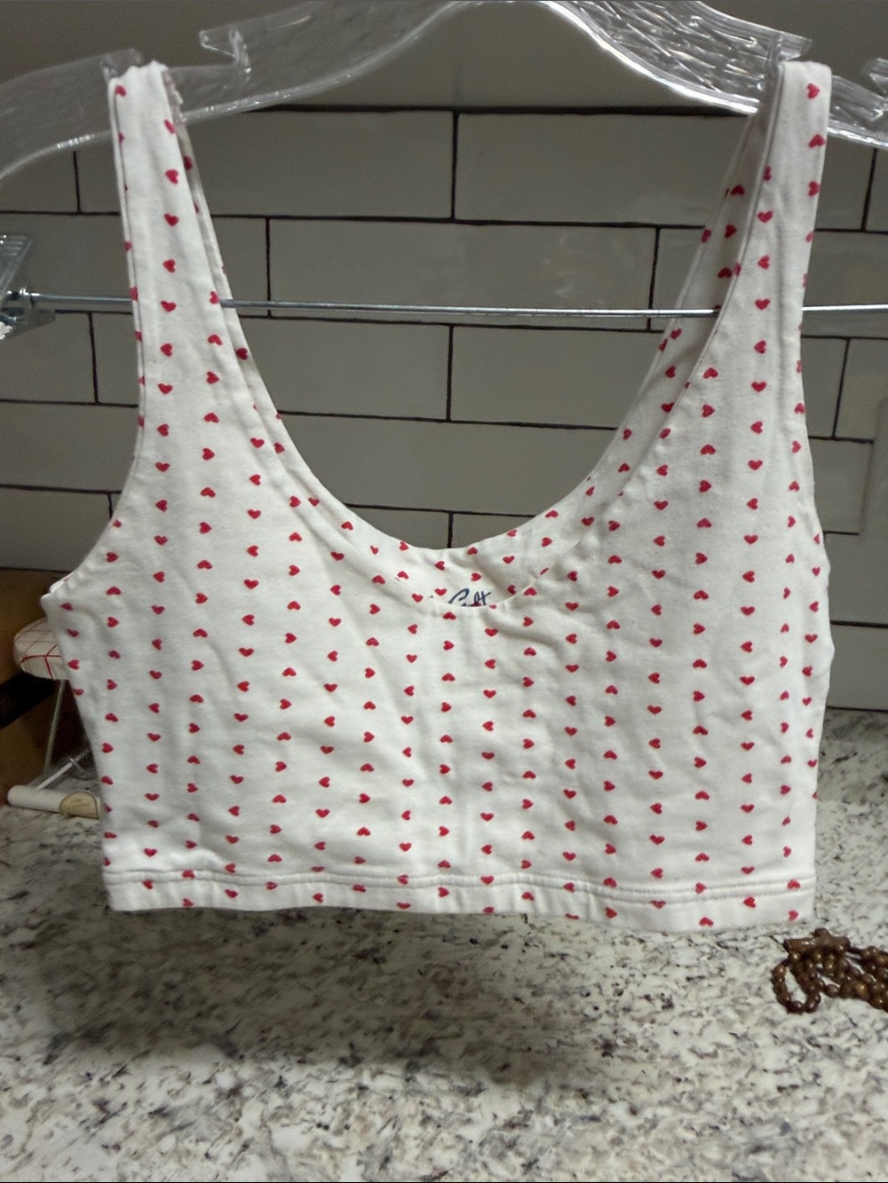 Brandy Melville White Crop Tank with Tiny Red Heart Print